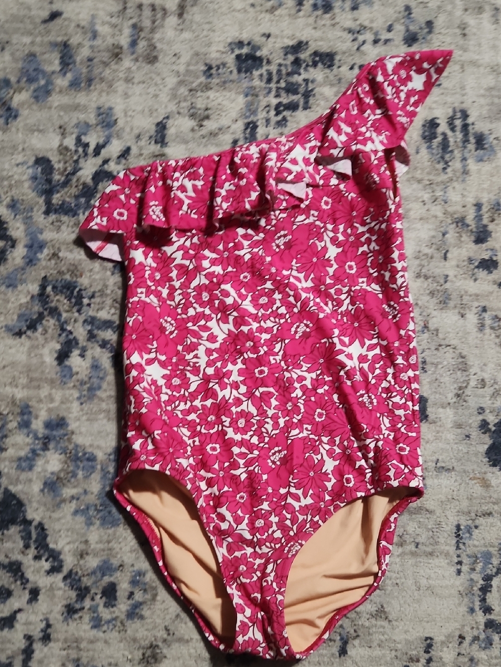 Crewcuts J. Crew Girls One-Shoulder Ruffle Floral Swimsuit - Hot Pink & White
